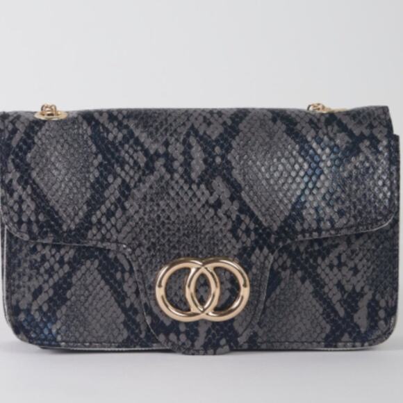 Gray Faux Snake Leather Metal Rings Gold Chain Crossbody Bag - Picture 5 of 5